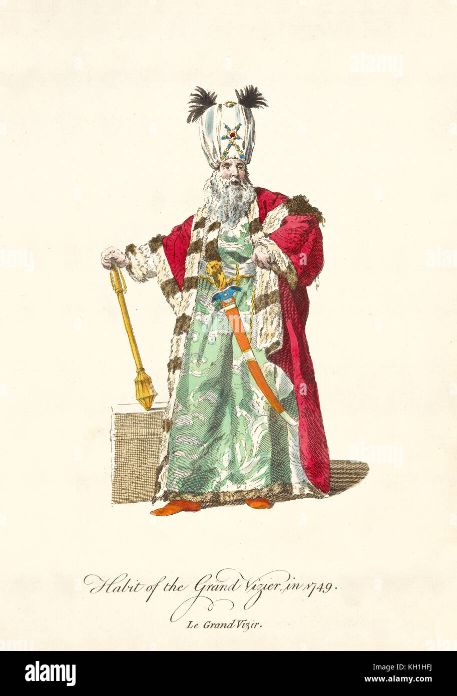 Grand Vizier in traditionellen Kleidern im Jahr 1749. Eleganter roter Mantel, grüne Tunika, Turban, weißer Bart und Scimitar. Von J.M. Vien, T. Jefferys, 1757-1772 Stockfoto