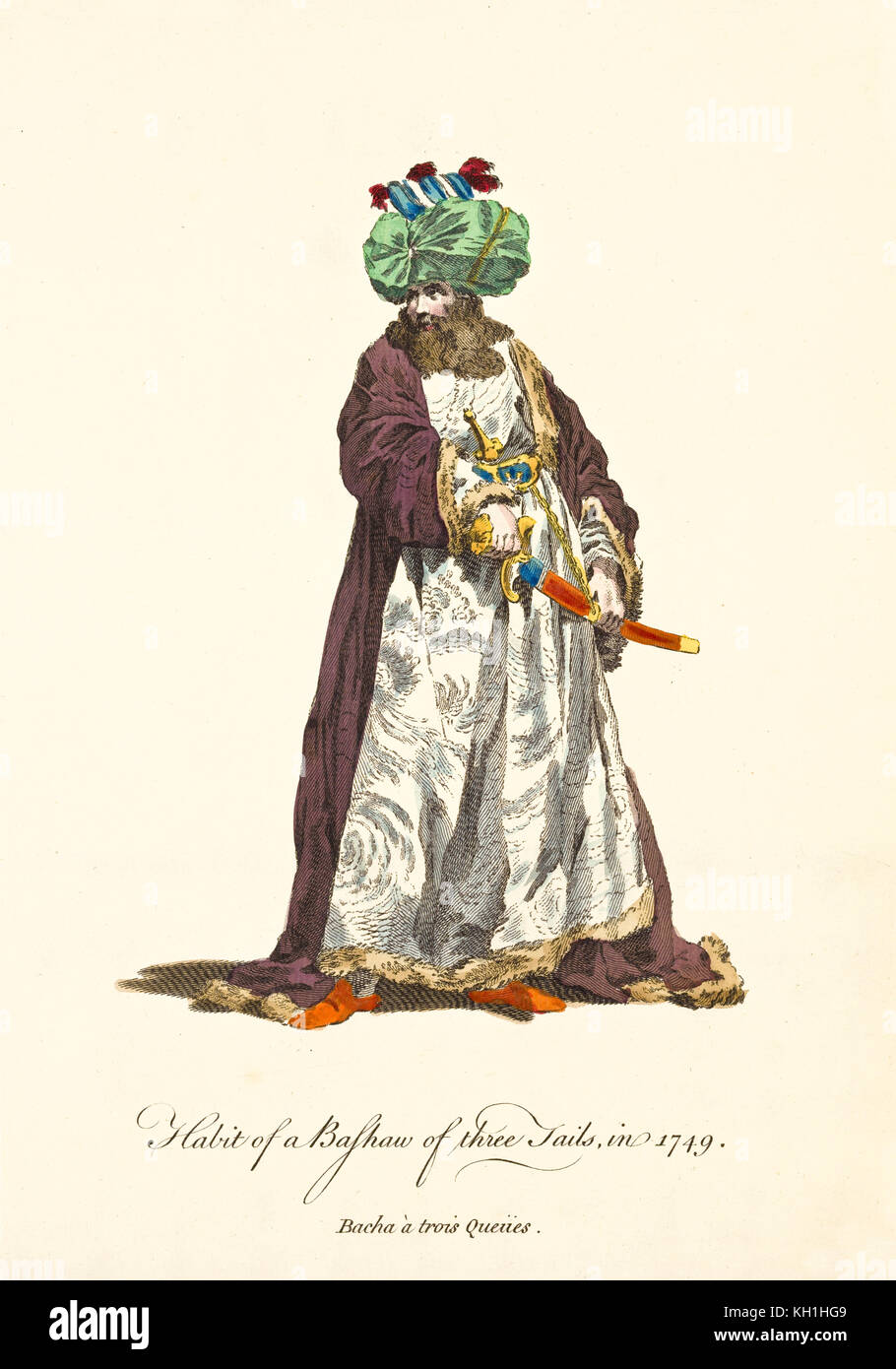 Pascha von drei Schwänzen in traditionellen Kleidern. Er zieht sein Schwert aus der Scheide. Illustration von J.M. Vien, T. Jefferys, London, 1757-1772 Stockfoto