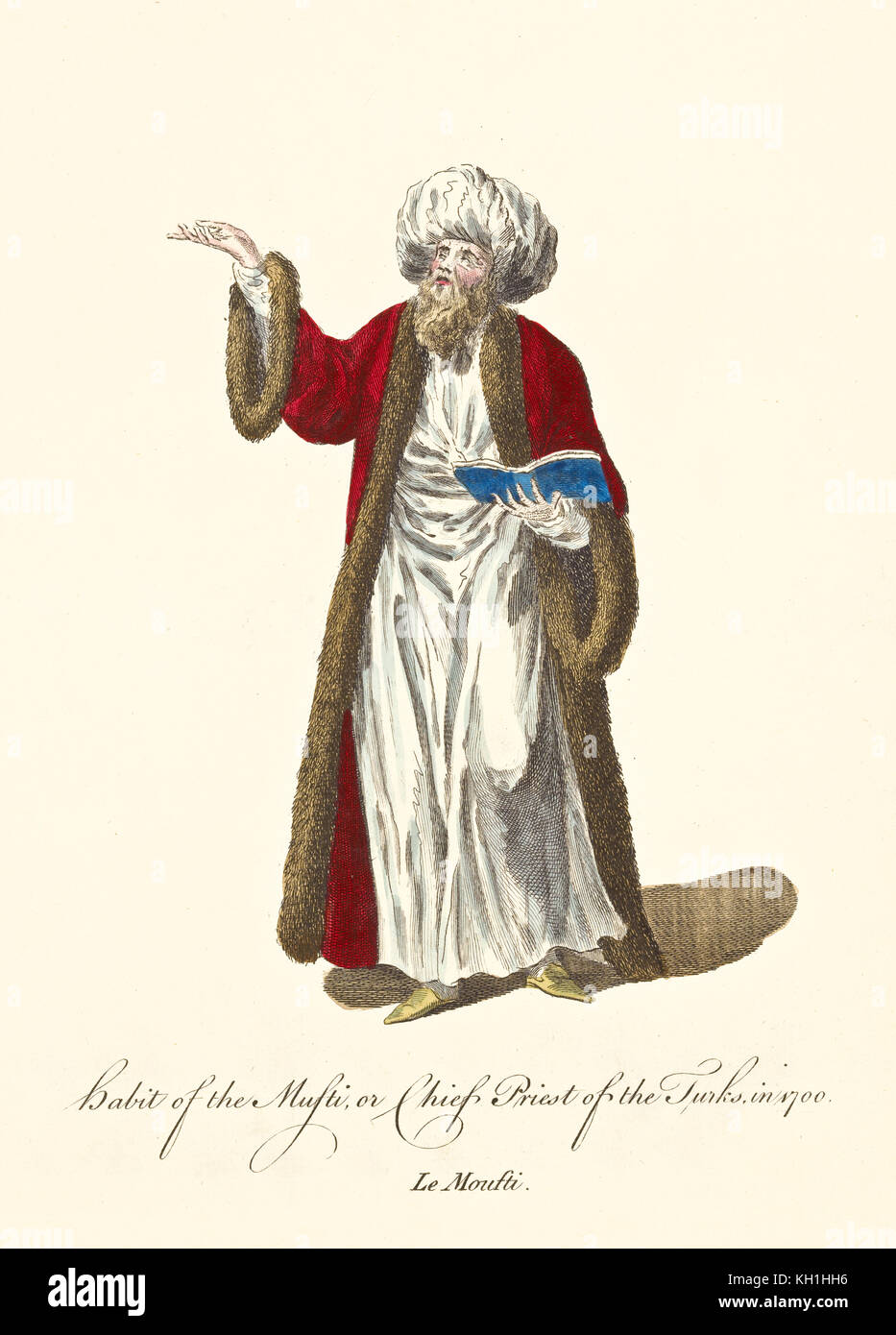 Osmanische Musti in traditionellen Kleidern 1700. Langer roter Mantel, weiße Tunika und Turban, Bart und koran. Alte Illustration von J.M. Vien 1757-1772 Stockfoto