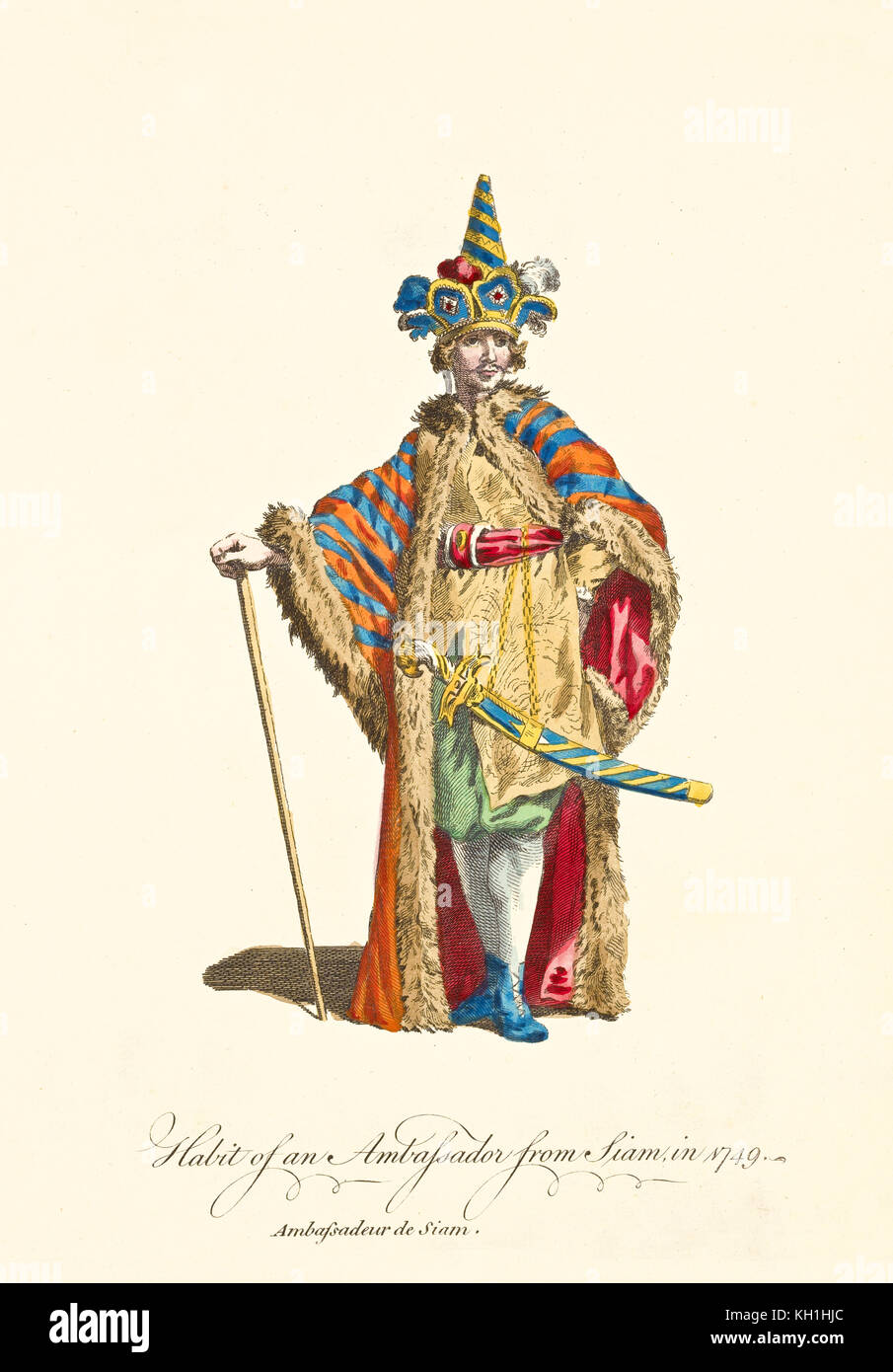 Botschafter von Siam in traditionellen Kleidern im Jahr 1749. Kegelförmiger hoher Hut, langer, farbenfroher Mantel, Schwert und Stock. Von J.M. Vien 1757-1772 Stockfoto