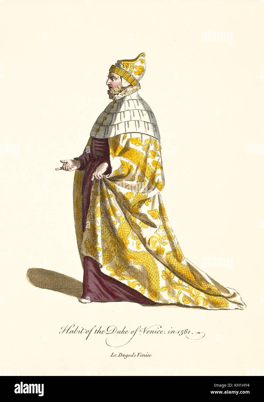 Doge von Venedig Dressing seine traditionelle alte Kleidung in 1581. Lange mittelalterliche Tunika reich an Goldschmuck und reiche Mütze. Von J.M. Vien 1757-1772 Stockfoto