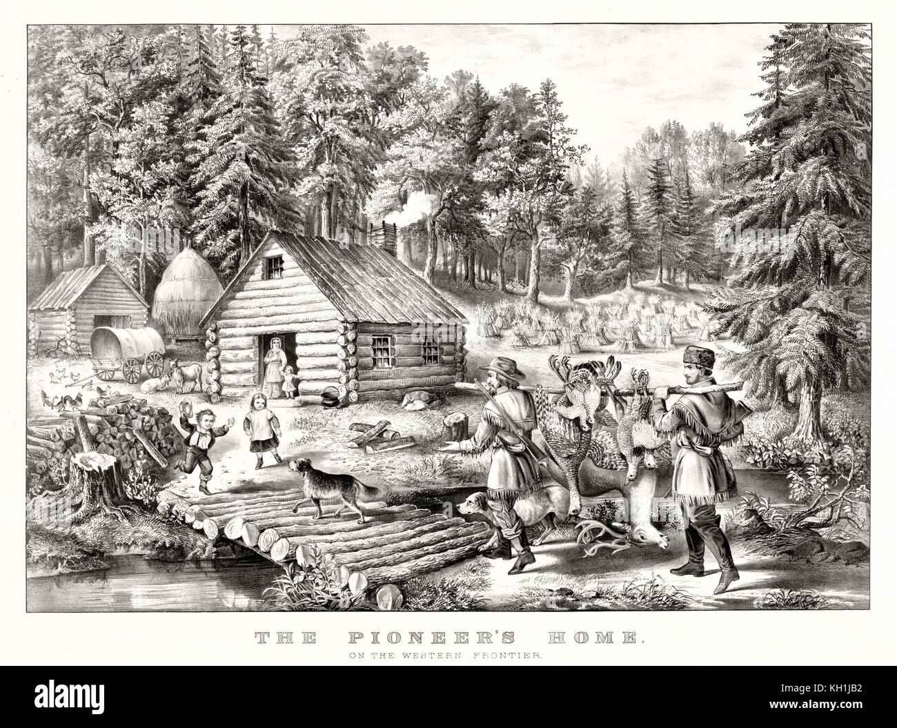 Alte Illustration der Pioneer Home in den Vereinigten westlichen Grenze. Von Currier & Ives, Publ. in New York, 1867 Stockfoto