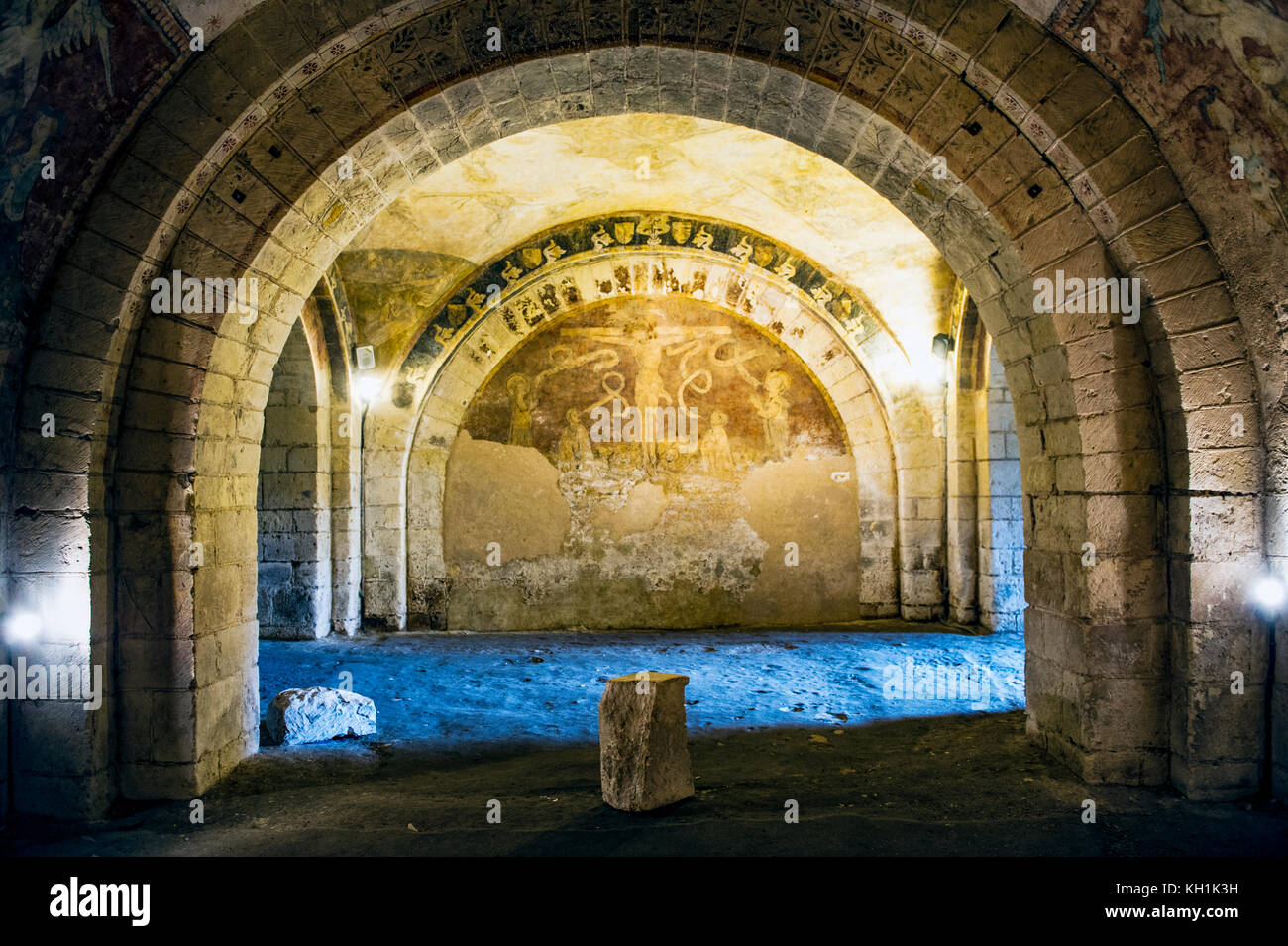 Frankreich. Loir-et-Cher (41) Saint-Aignan. Wand Fresken aus dem 11. Jahrhundert über das Leben Christi Stockfoto