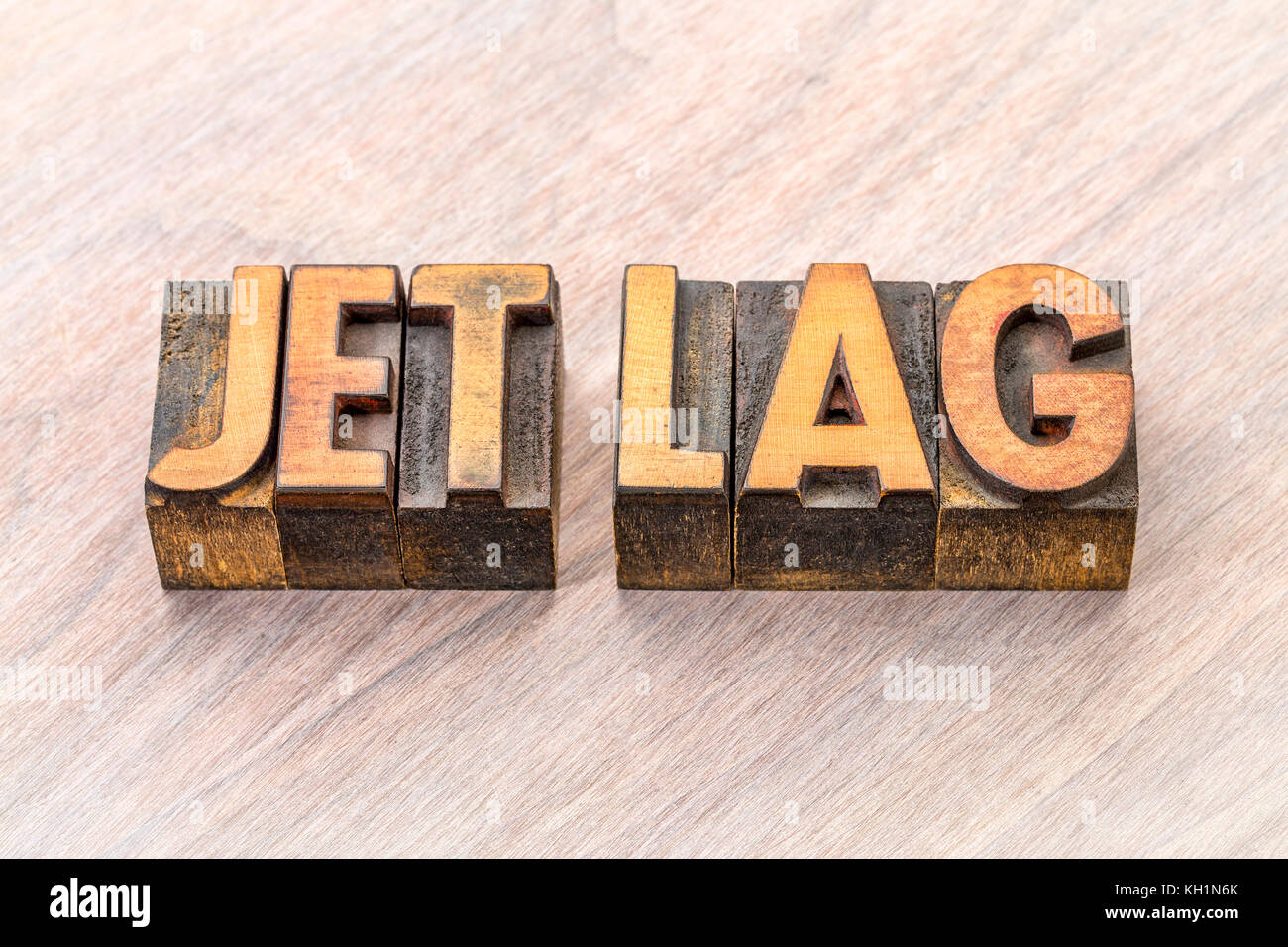 Jet Lag-word Abstract in Vintage buchdruck Holz Art Klischees Stockfoto