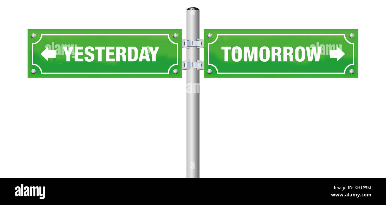 Gestern und Morgen, auf zwei grüne Straßenschilder - Symbol für Vorwärts und Rückwärts suchen, für vergangene und Herausforderung geschrieben für die Geschichte oder Zukunft Stockfoto