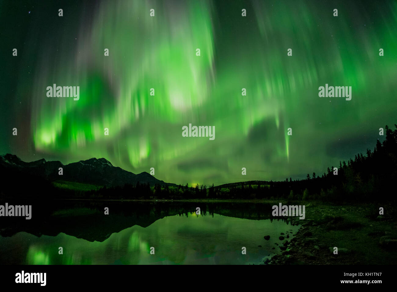 Aurora borealis_Nordlicht über Pyramid Lake, Jasper National Park, Alberta Stockfoto