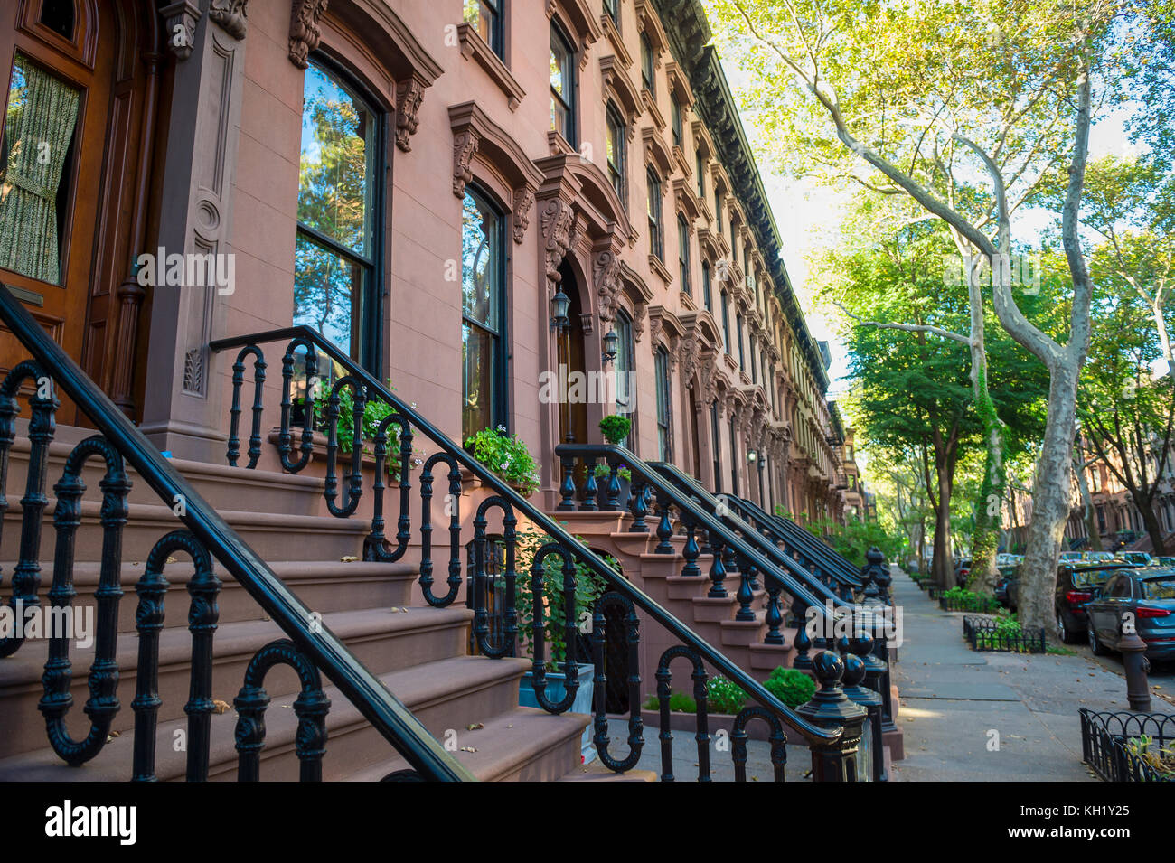 Malerischer Blick auf eine klassische Brooklyn brownstone Block mit einem langen Fassade und verzierten stoop Balustraden an einem Sommertag in new york city Stockfoto
