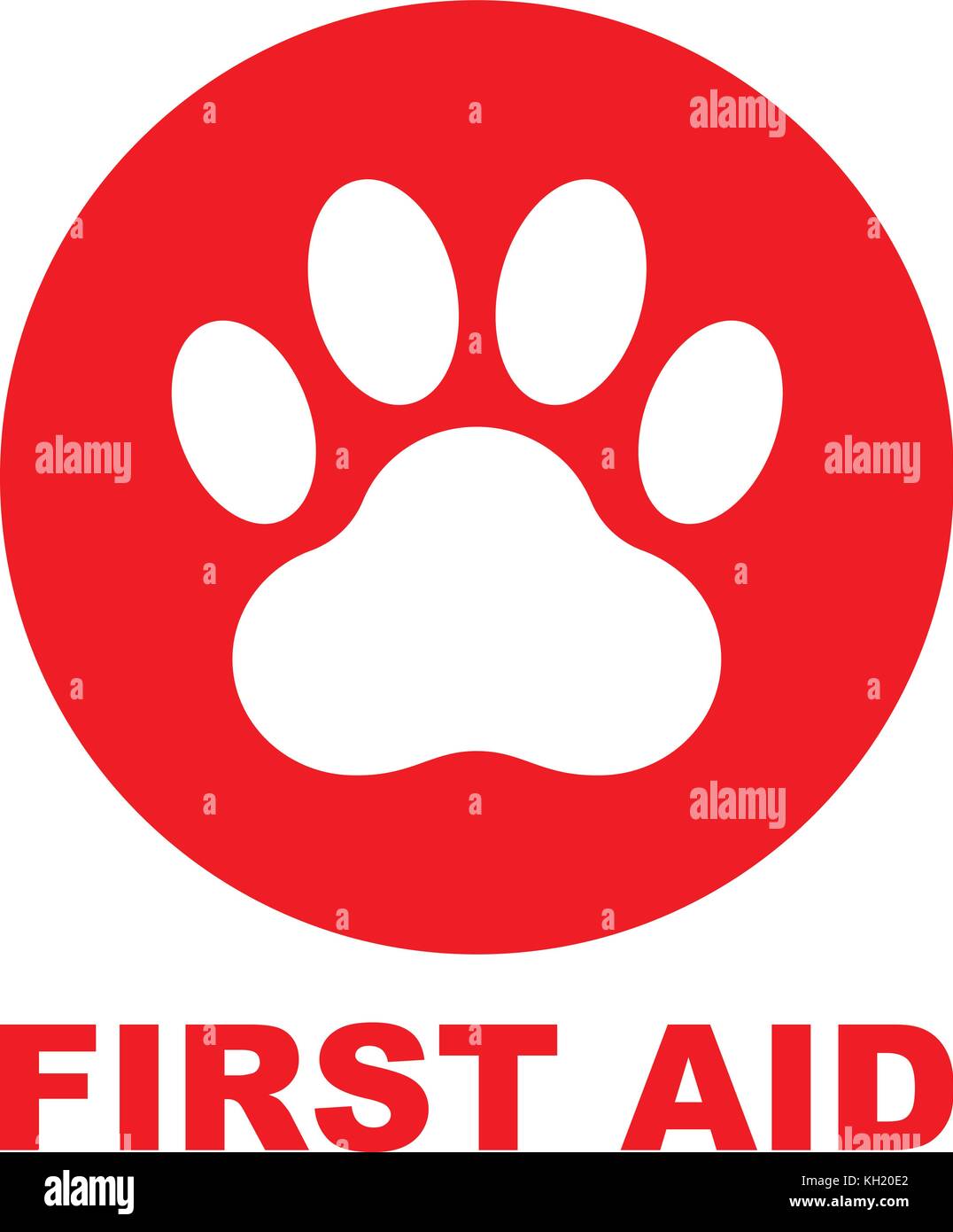 Pet First Aid, rote runde Schild mit weißer Pfote und Text, Vector Illustration. Stock Vektor