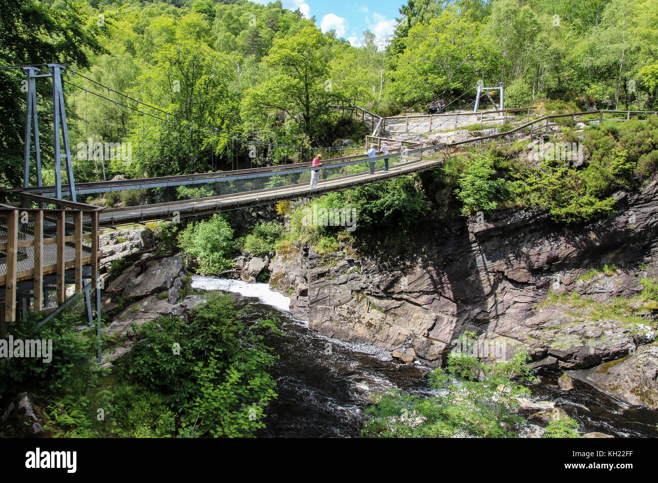 Der viktorianische Hängebrücke über den Fluss Droma an corrieshalloch Gorge National Nature Reserve, Scottish Highlands Stockfoto