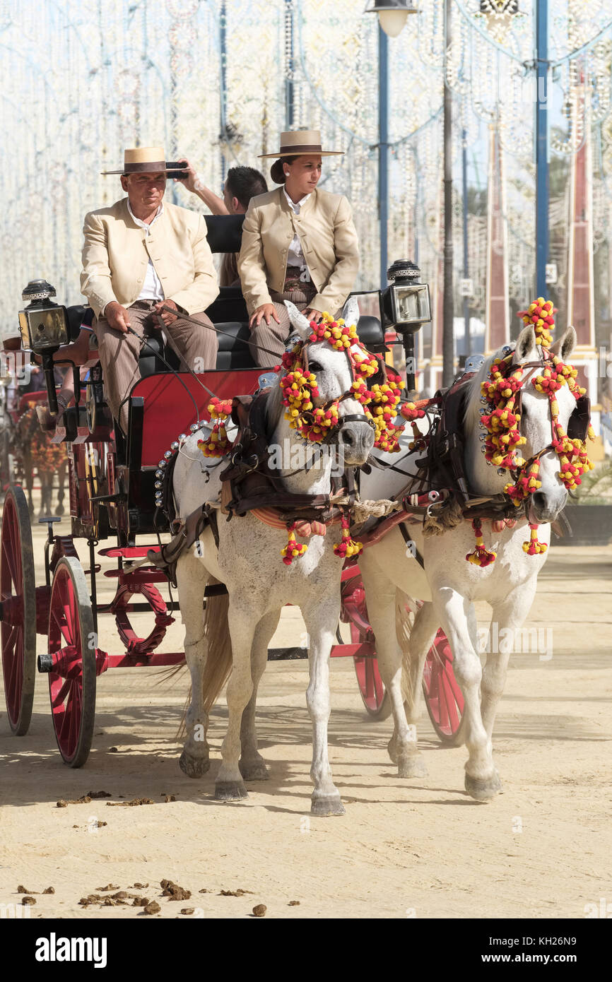 Jerez de la Frontera, Feria de Caballo, Mai Horse Fair, Cadiz, Andalusien, Spanien. Stockfoto