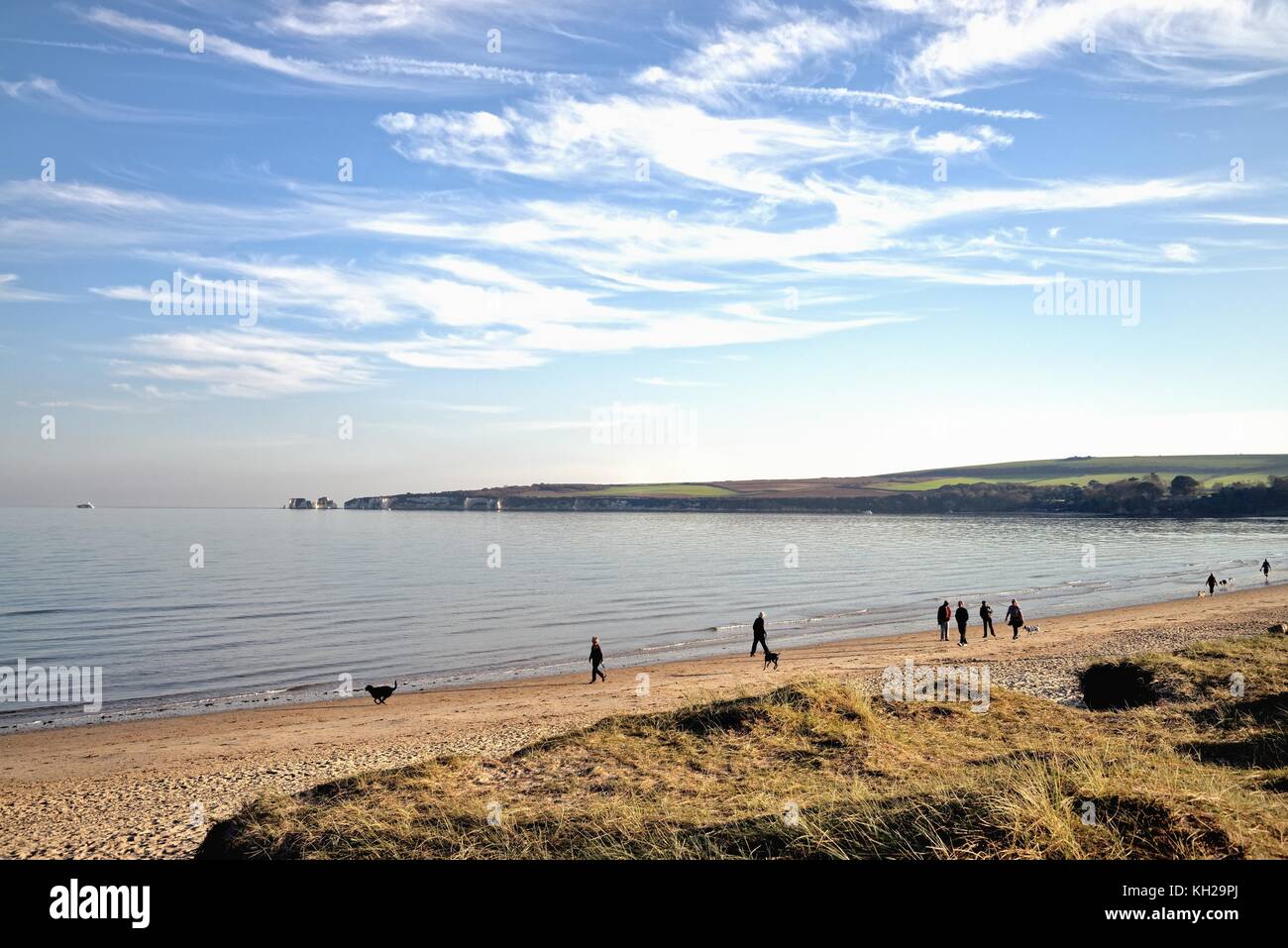 Menschen, die am Strand von Studland Bay in der Herbstsonne Dorset England spazieren gehen Stockfoto