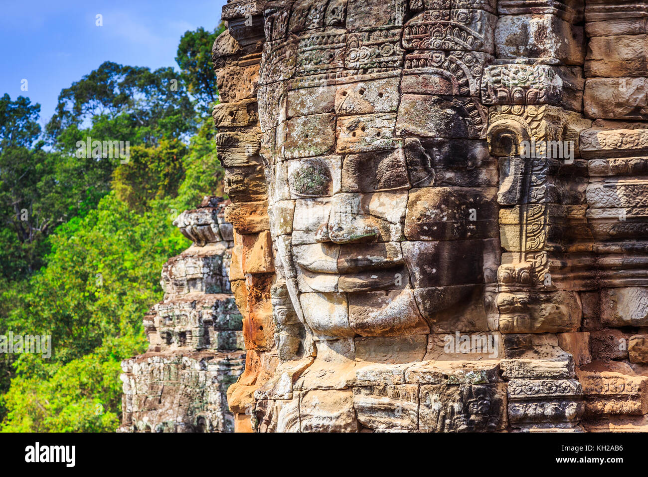 Angkor, Kambodscha. Gesicht Turm an der Bayon Tempel. Stockfoto