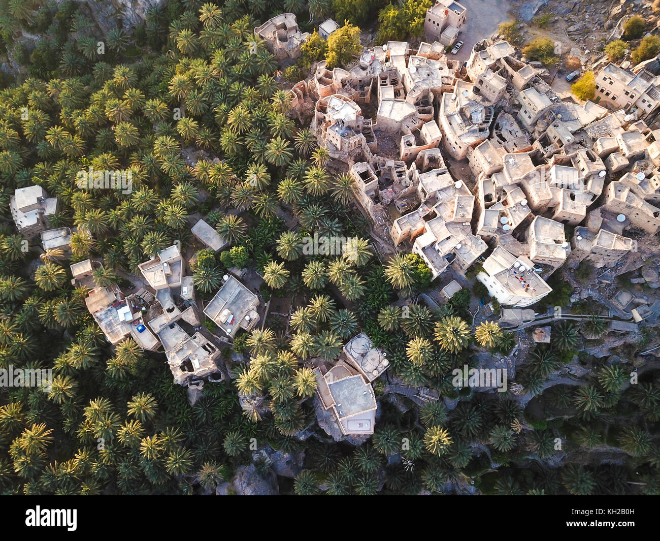 Antenne drone Ansicht einer alten traditionellen omanischen Schlamm Dorf in den Bergen unter Datum Palmen. Misfat Al Aberyeen, Oman. Stockfoto