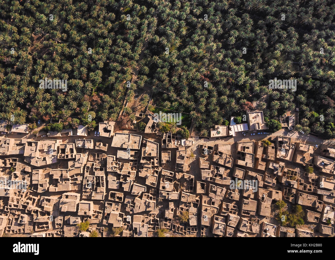 Antenne drone Ansicht einer alten traditionellen omanischen Schlamm Dorf in den Bergen unter Datum Palmen. Al Hamra, Oman. Stockfoto