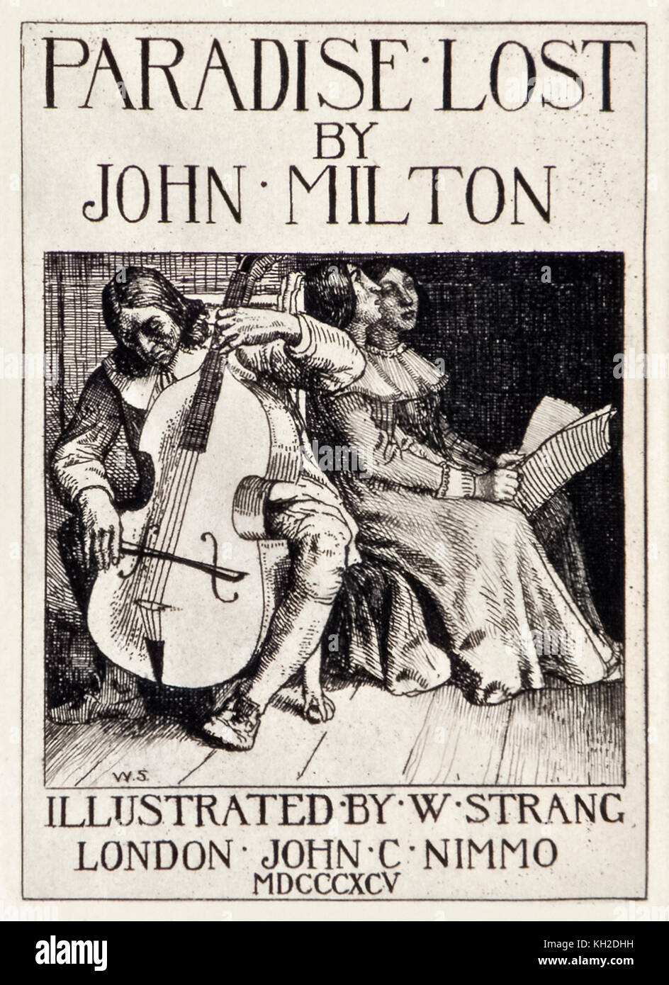 Titel von "Paradise Lost" von John Milton (1608-1674) eine Reihe von 12 Illustrationen von William Strang (1859-1921), Milton Cello spielen für seine Töchter geätzt. Weitere Informationen finden Sie unten. Stockfoto