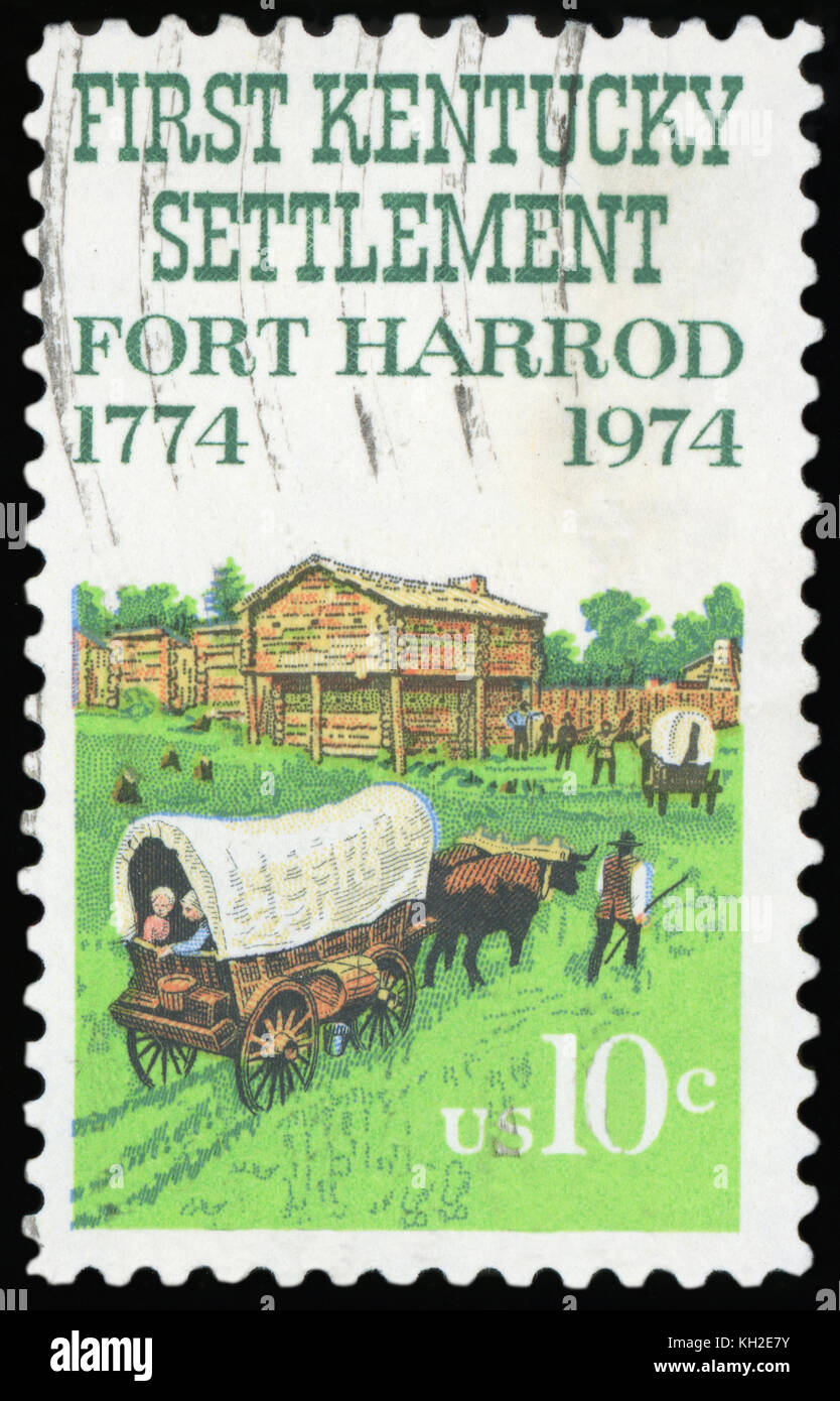 UNITED STATES - ca. 1974: einen Stempel in den Vereinigten Staaten gedruckt, zeigt die Kentucky Siedlung, Fort Harrod, ca. 1974 Stockfoto