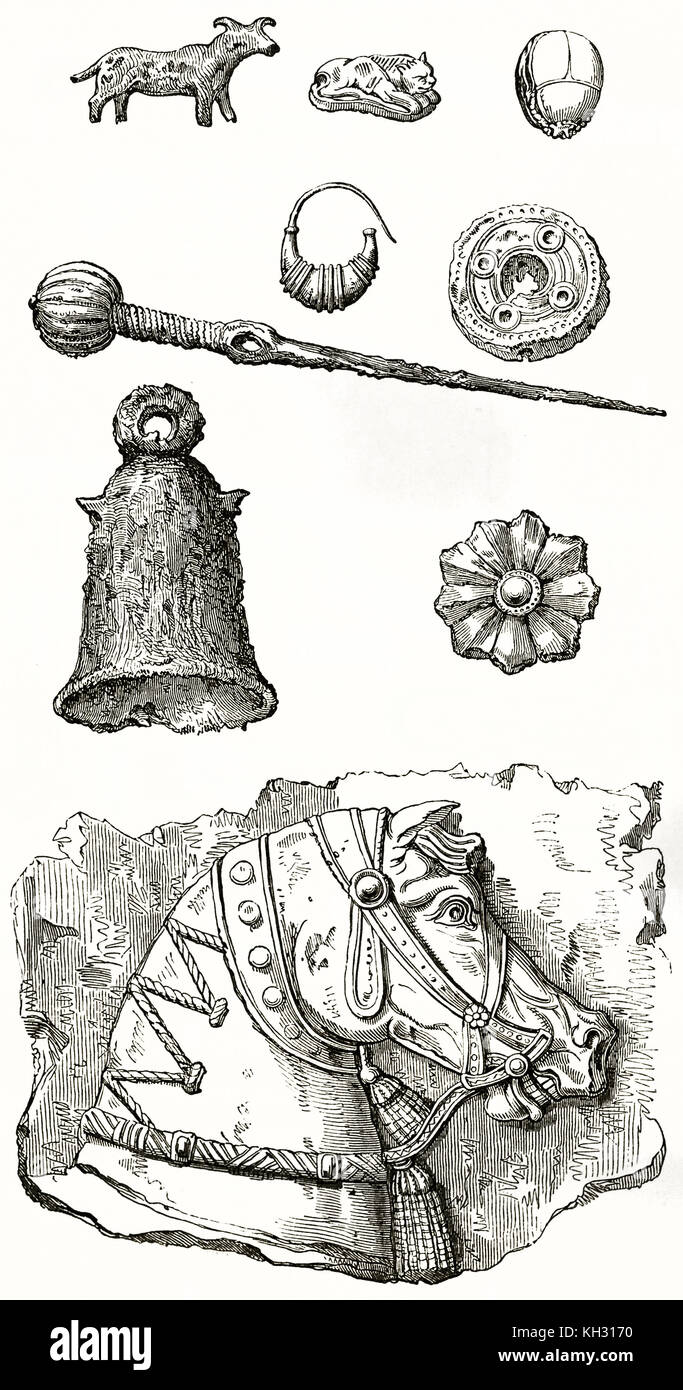 Alten Vervielfältigung von einigen Details der assyrischen Reliefs im Louvre Museum aufbewahrt. Durch Catenacci, Publ. Bei le Tour du Monde, Paris, 1863 Stockfoto