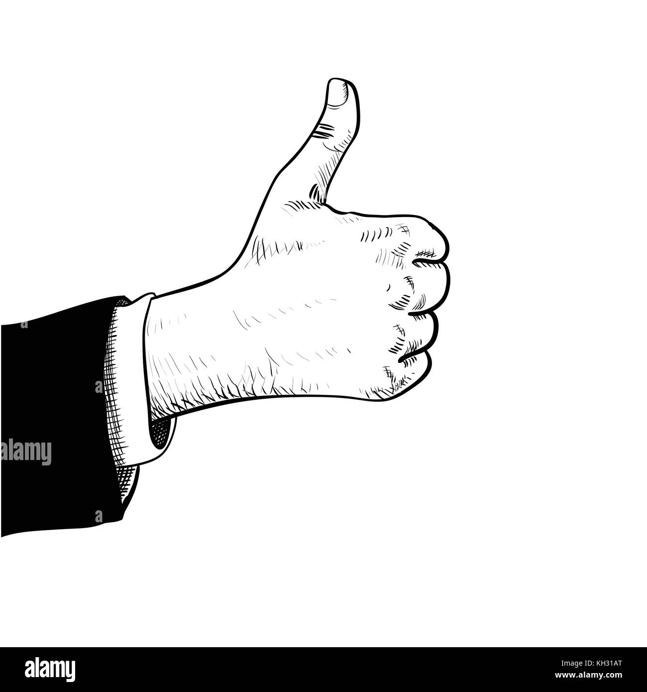 Business mann Hand Daumen oben, Hand in Anzug, Daumen hoch, auf weißem Hintergrund mit Gravur Stil isoliert - Hand gezeichnet Vector Illustration. Stock Vektor