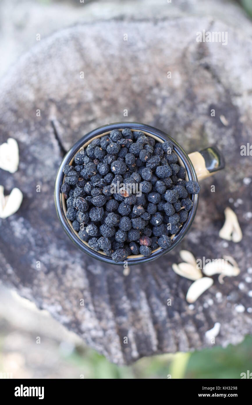 Wilden tasmanischen Schwarz pepperberries in einer Schale über rustikale Holz anmelden Stockfoto