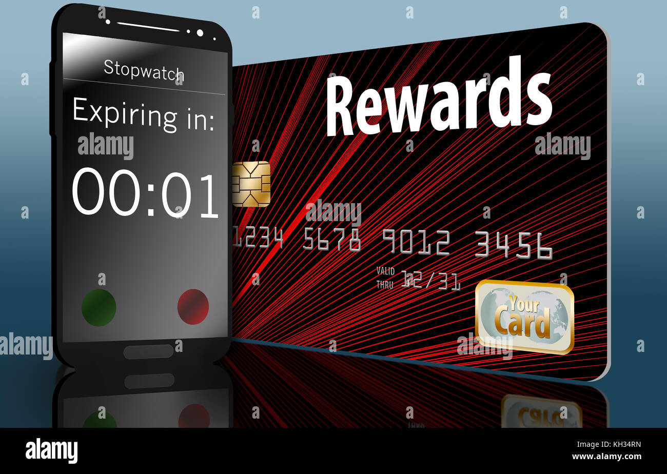 Eine Rewards-Kreditkarte mit einem Ablaufdatum wird mit einem Countdown-Timer für das Mobiltelefon auf dem Bildschirm angezeigt. Stockfoto