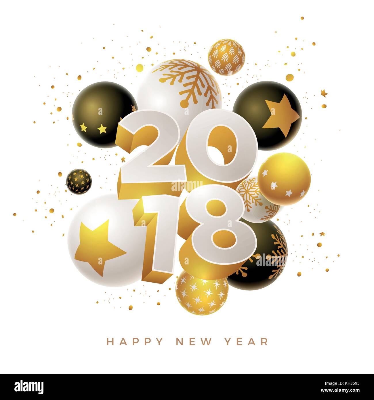 Abstract 2018 Neujahrsgruß card Design mit 3d-weiß, schwarz und gold Weihnachtskugeln. Elemente sind separat in Vektordatei geschichtet. Stock Vektor