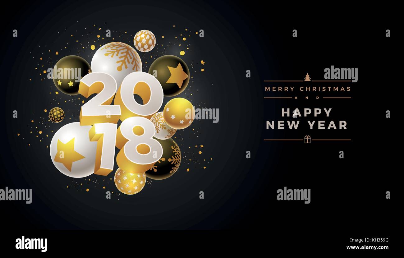 Abstract 2018 Neujahrsgruß card Design mit 3d-weiß, schwarz und gold Weihnachtskugeln. Elemente sind separat in Vektordatei geschichtet. Stock Vektor