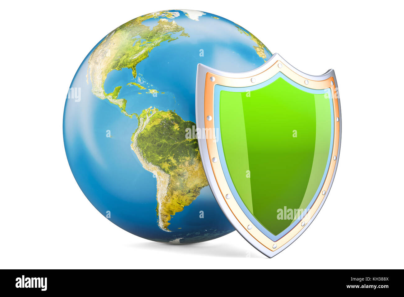 Globus mit Schild, Schutz- und Sicherheitskonzept. 3D-Rendering auf weißem Hintergrund Stockfoto