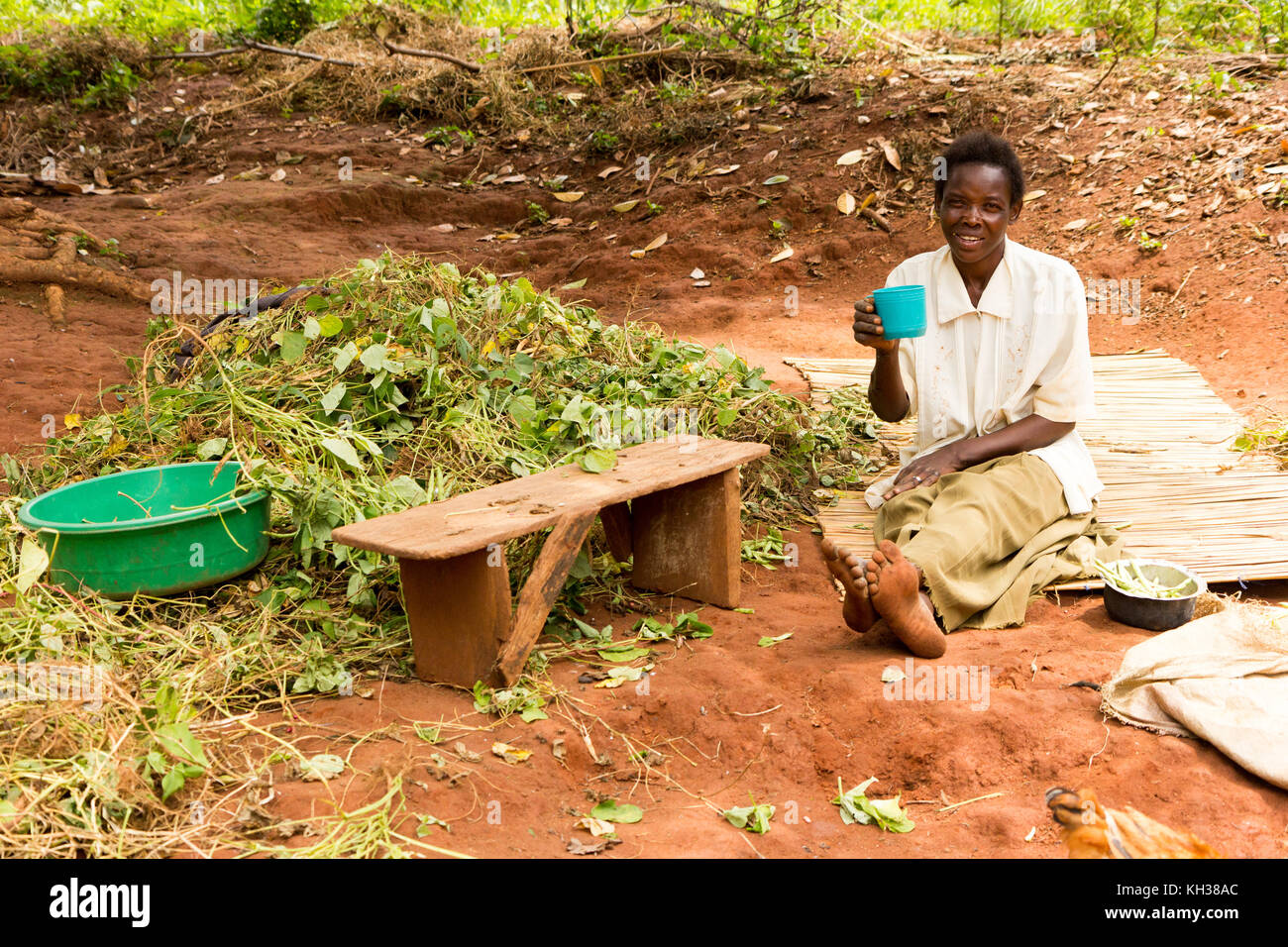 Eine Afrikanerin sitzt auf dem roten Boden und trinkt Haferbrei. Neben ihr ist ein Haufen geschälter grüner Bohnen. Stockfoto