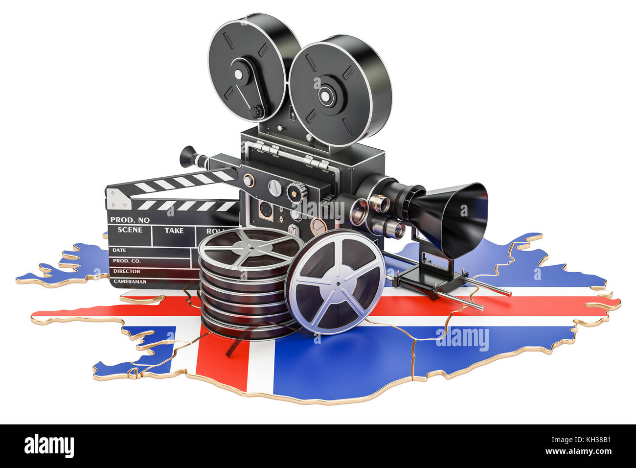 Isländische Kinematographie, Filmindustrie Konzept. 3D-Rendering auf weißem Hintergrund Stockfoto