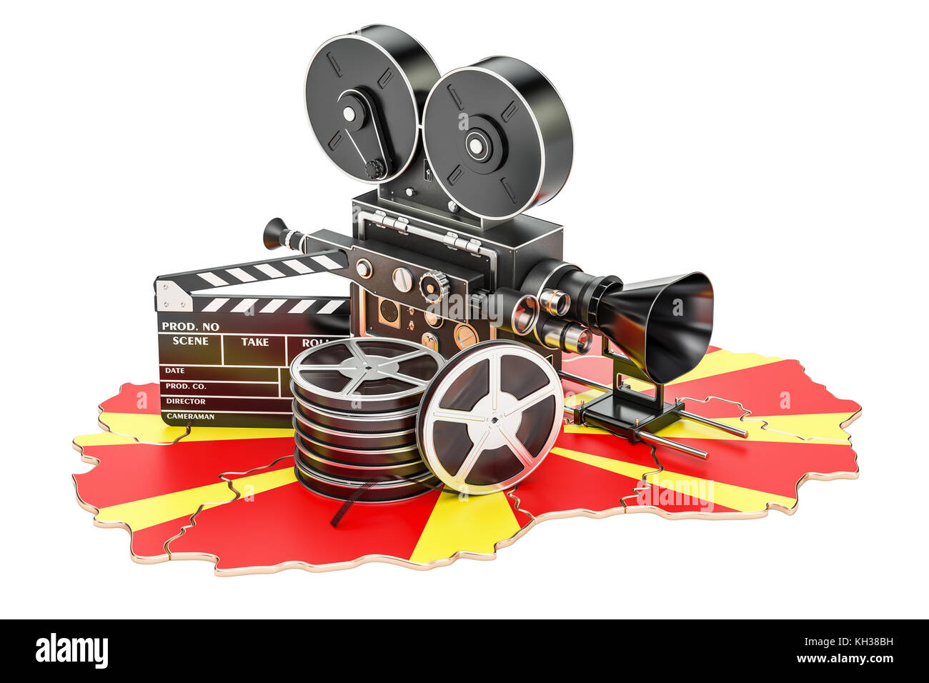 Makedonische Cinematographie, Filmwirtschaft Konzept. 3D-Rendering auf weißem Hintergrund Stockfoto