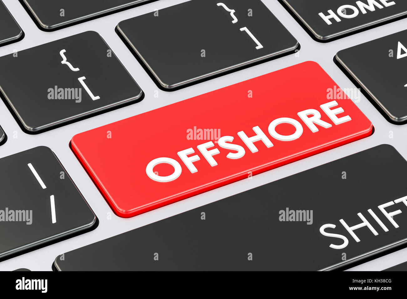 Offshore-Taste mit roter Tastatur, 3D-Rendering Stockfoto