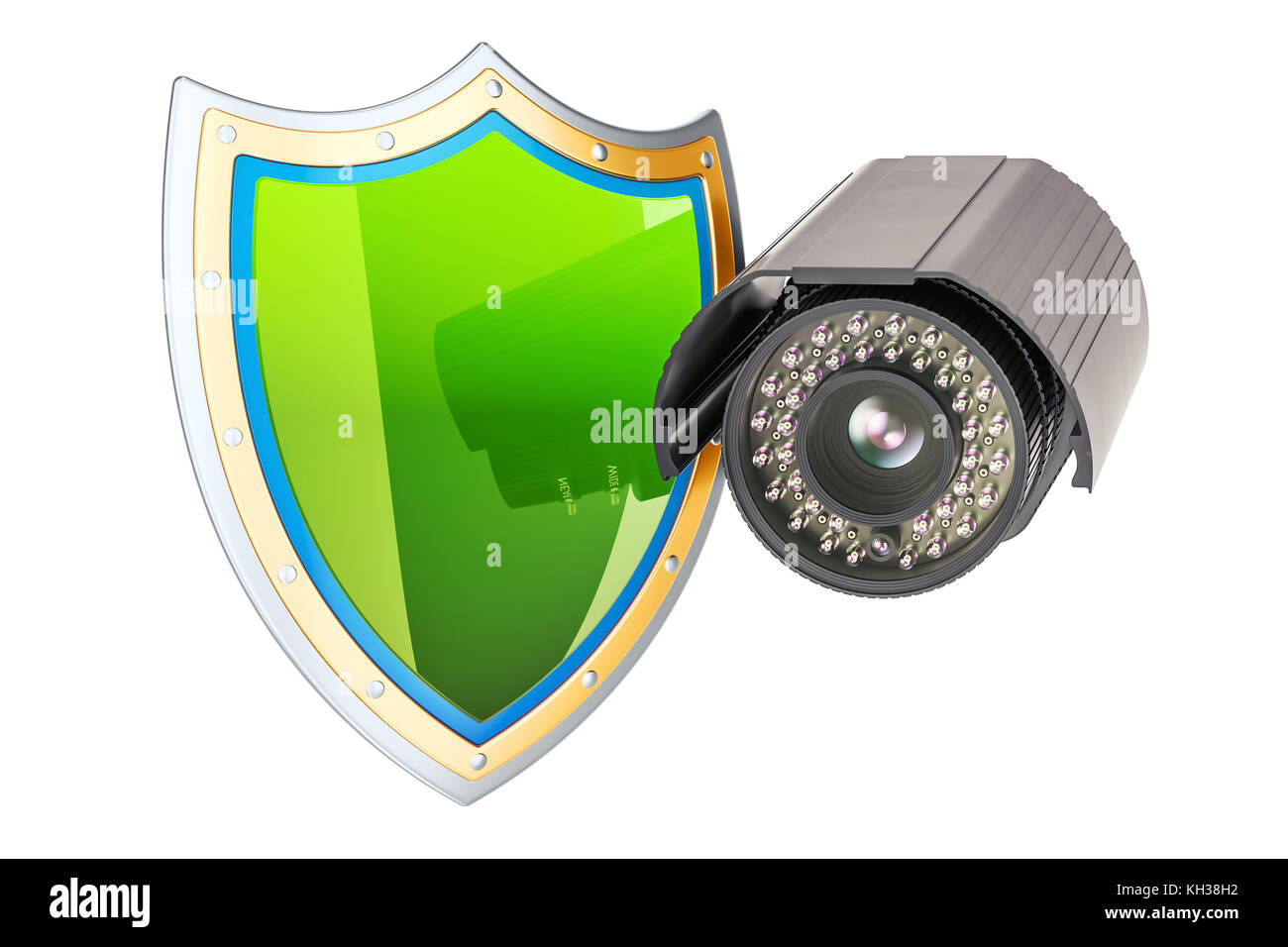 Sicherheit Überwachungskamera mit Schild, Sicherheitskonzept. 3D-Rendering auf weißem Hintergrund Stockfoto