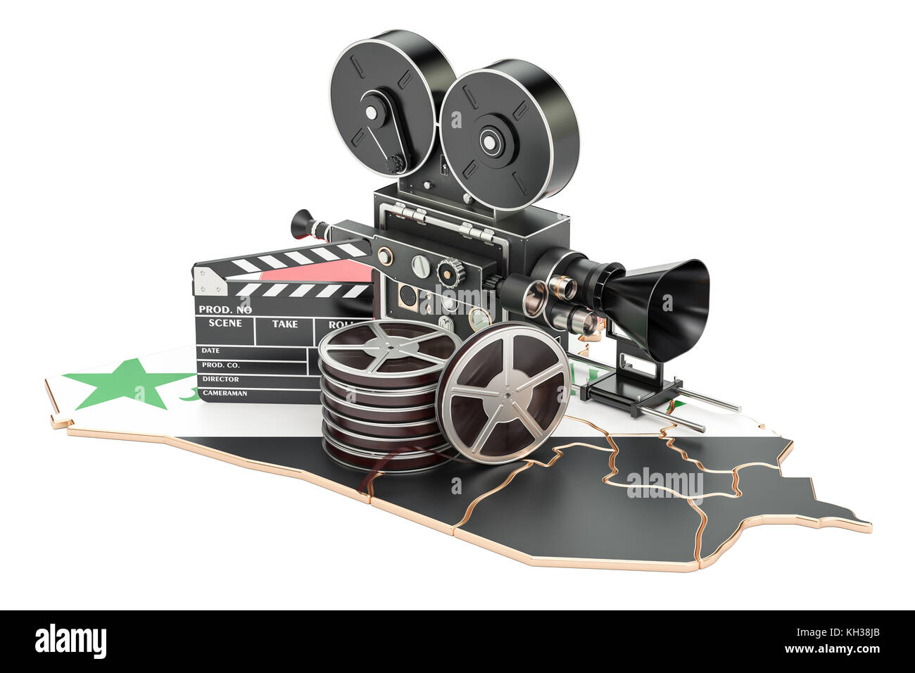 Syrische Kinematographie, Filmindustrie Konzept. 3D-Rendering auf weißem Hintergrund Stockfoto