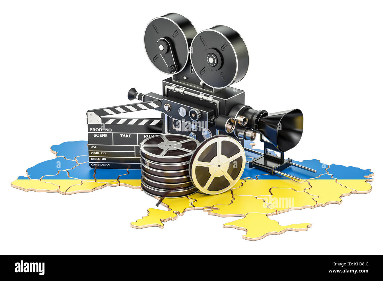 Ukrainische Kinematographie, Filmindustrie Konzept. 3D-Rendering auf weißem Hintergrund Stockfoto