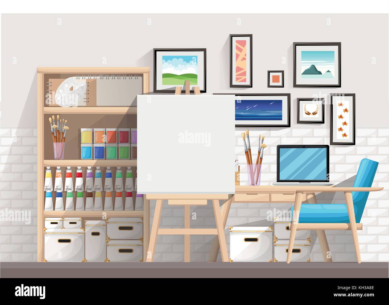 Die Arbeit der Designer, Illustrator und Künstler mit Zeichnung Staffelei und viele andere künstlerische Materialien. Kunst - Arbeitsprozess. flache Design Vector illustrati Stock Vektor Die Arbeit der Designer, Illustrator und Künstler mit Zeichnung Staffelei und viele andere künstlerische Materialien. Kunst - Arbeitsprozess. flache Design Vector illustrati Stock Vektor