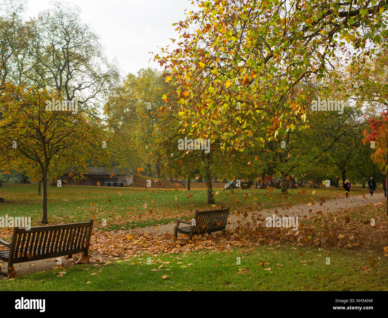 Eine Bö bläst gefallen Blätter im Herbst in einem Londoner Park Stockfoto