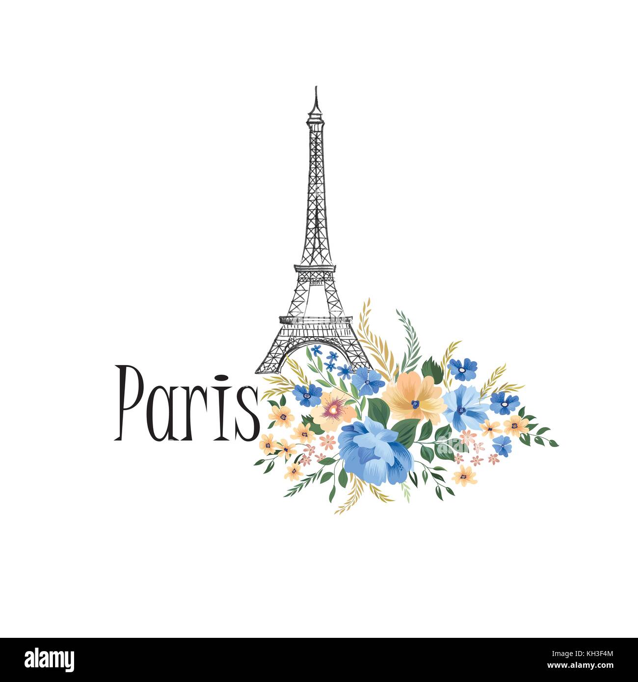 Paris Hintergrund. floralen parissign mit Blumenstrauß und Eiffelturm Wahrzeichen. reisen frankreich Symbol Stock Vektor