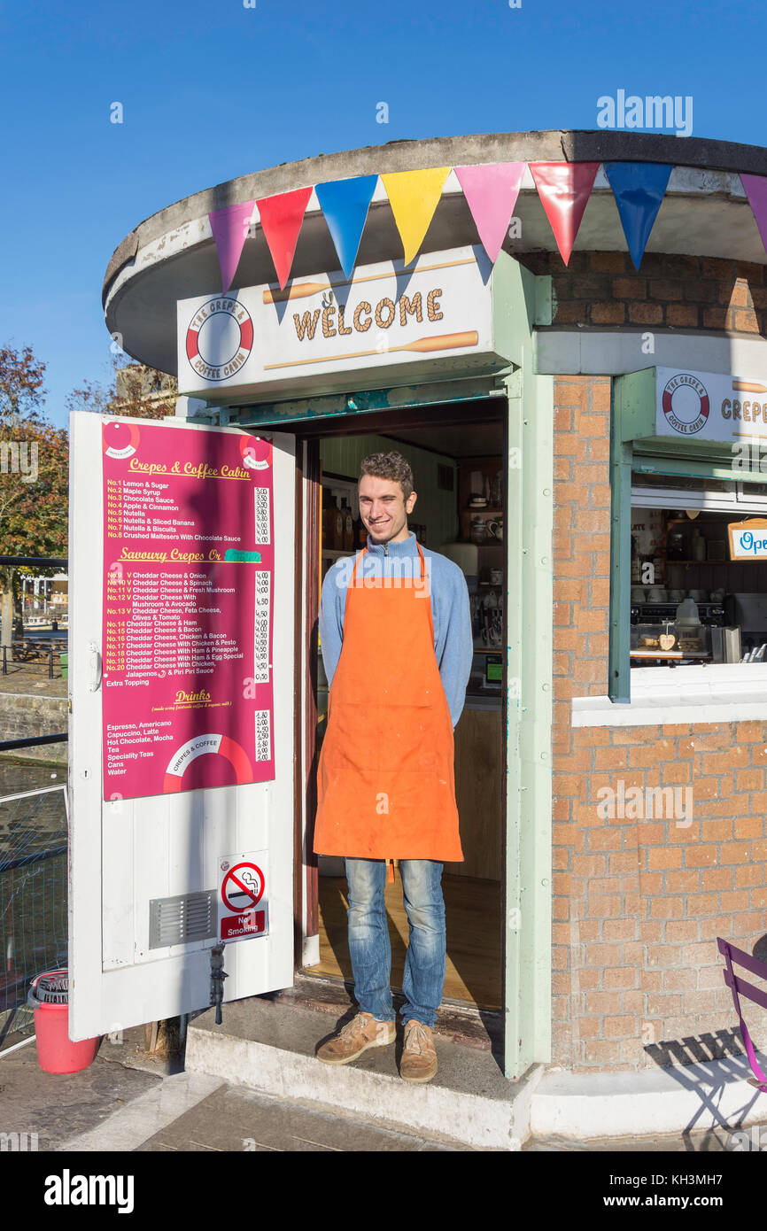 Das Krepp & Kaffee Kabine von Prince Street Bridge, alte Stadt, Bristol, England, Vereinigtes Königreich Stockfoto