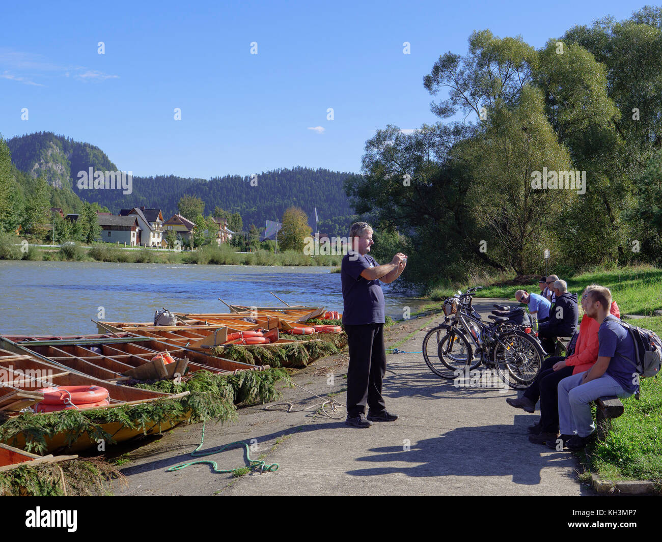 Rafting Pier am Dunajec Fluss in Cerveny Klastor, Presovsky kraj, Slowakei, Europa Stockfoto