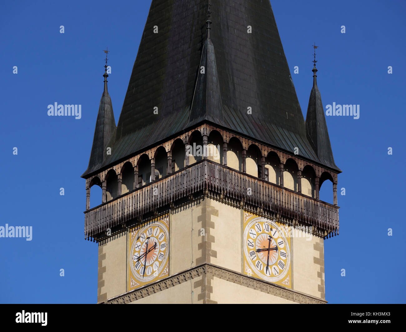 Turm, gotische Kirche St. Ägidius-bazilika sv.Egidia, Bardejov, Presovsky kraj, Slowakei, Europa, UNESCO-Welterbe Stockfoto