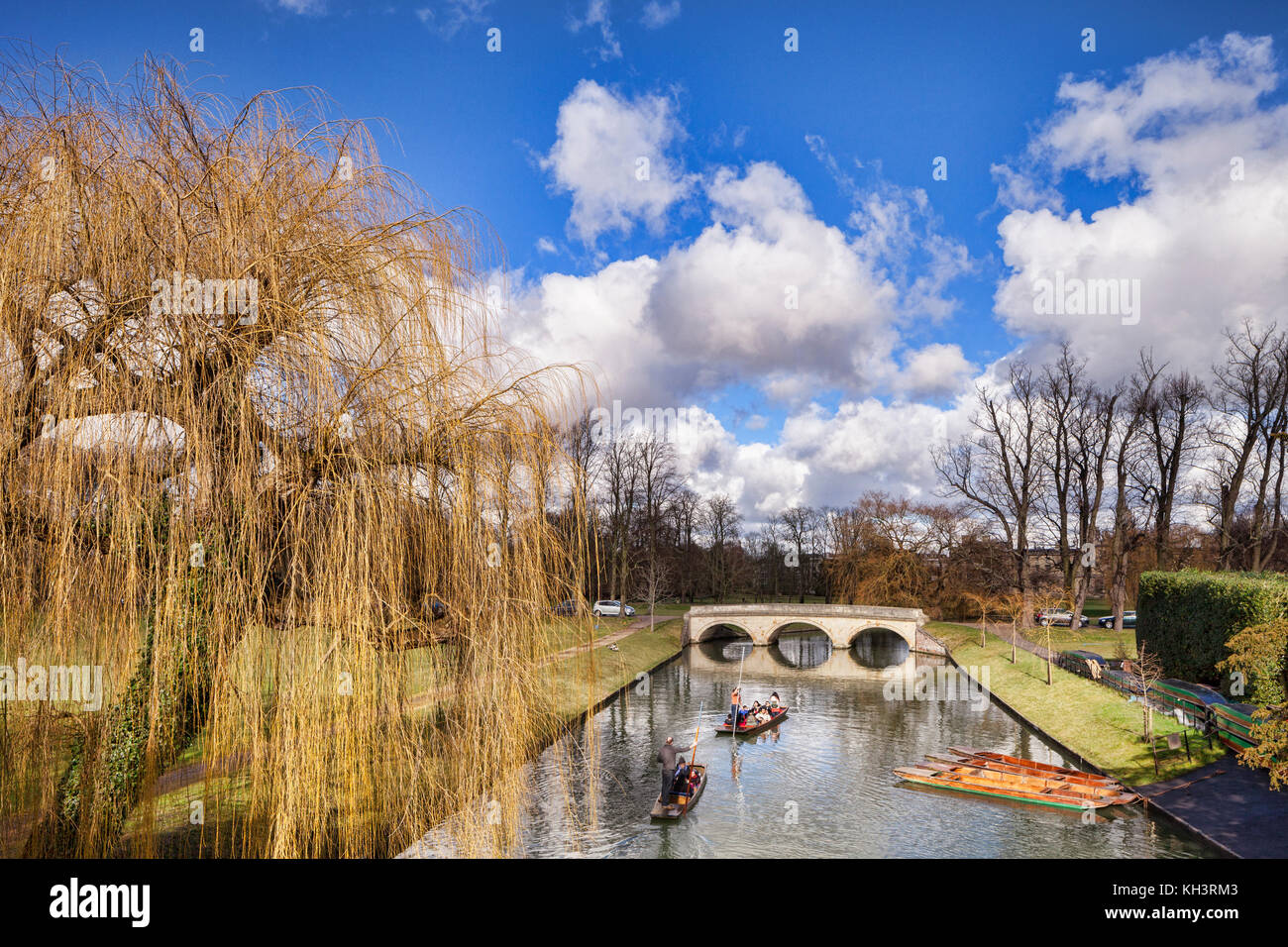 Stocherkähne auf dem Fluss Cam in Cambridge über das Gelände des Trinity College. Stockfoto