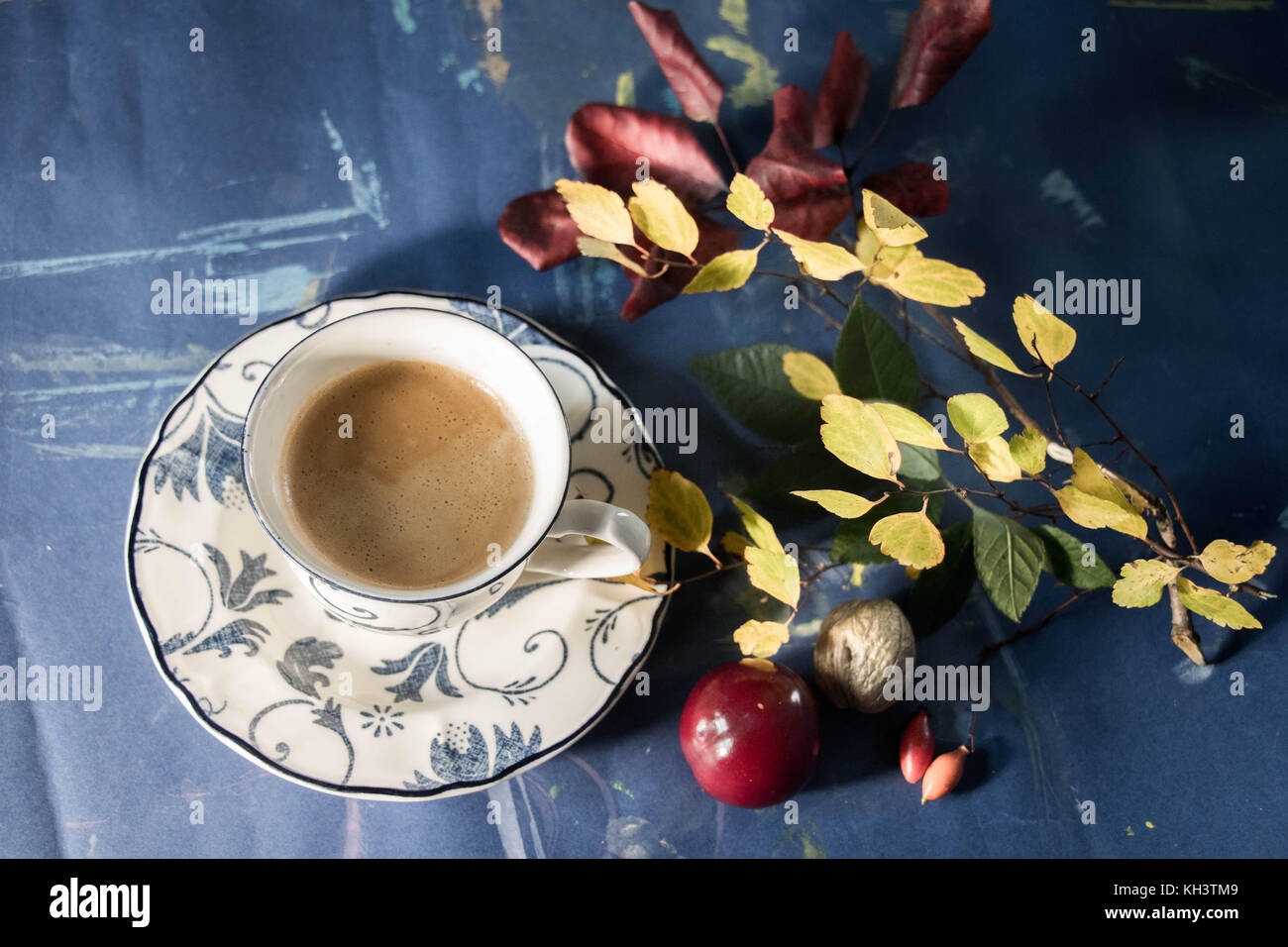 Eleganz Tasse Tee oder Kaffee mit farbigen Blättern plims und Muttern - zarte coposition Stockfoto