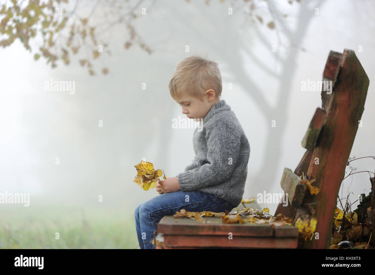 Eine vier Jahre alte traurige Junge sitzt auf der Parkbank im Herbst, nebligen Tag und halten ein paar Blätter in den Händen. Seite Profil Stockfoto