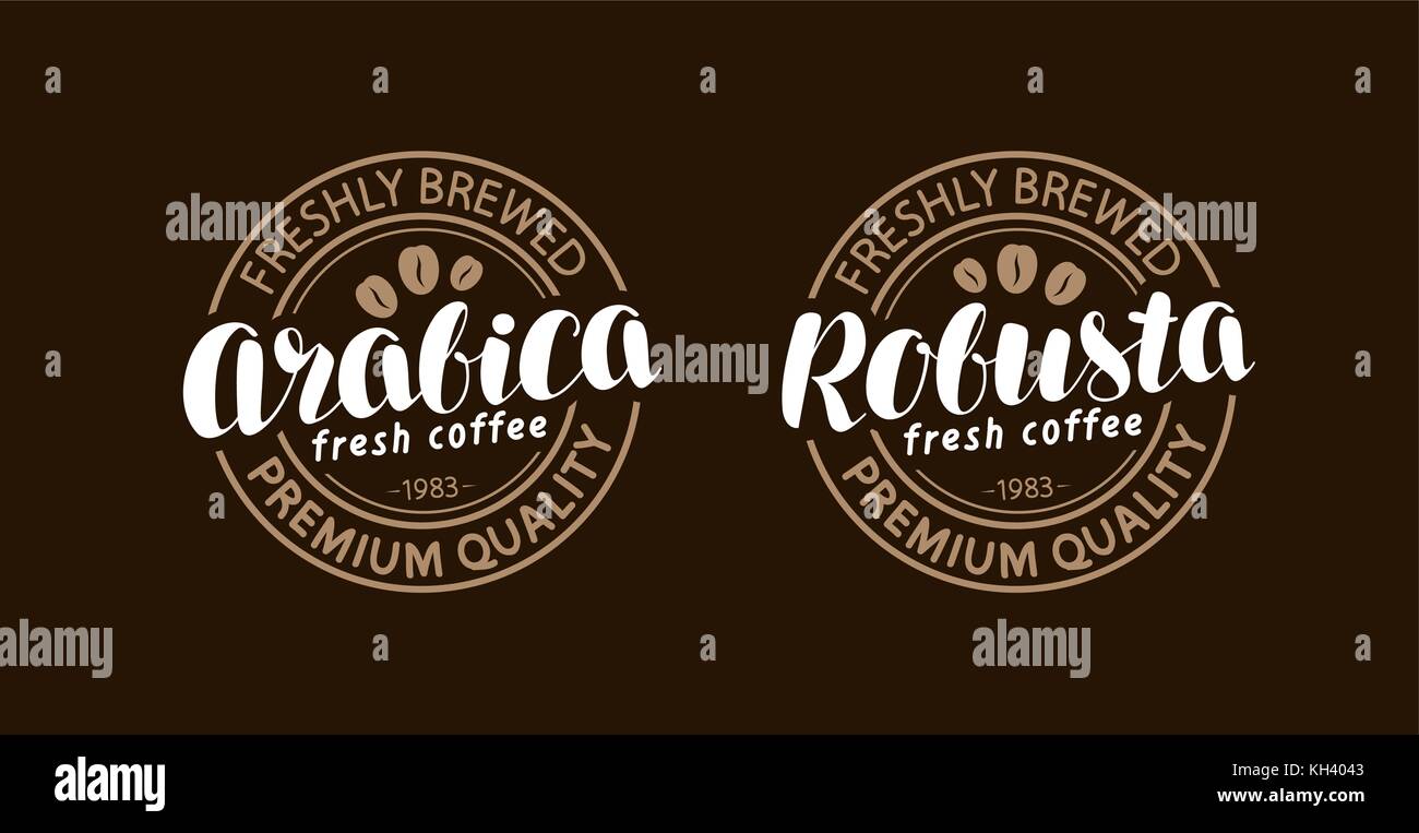 Kaffeekonzept. Arabica, Robusta-Stempel oder -Etikett. Schriftzüge, Kalligrafie Vektorillustration Stock Vektor