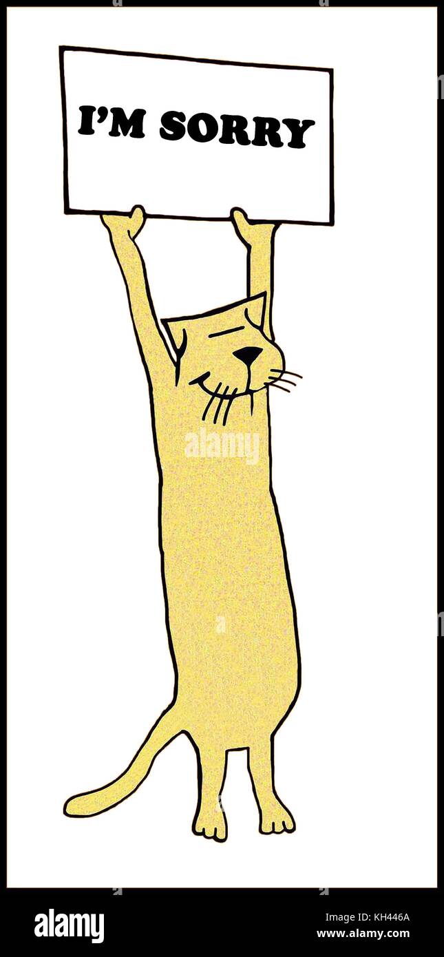 Cartoon Illustration einer Katze mit einem Schild über dem Kopf, die sagt, 'Es tut mir Leid'. Stockfoto