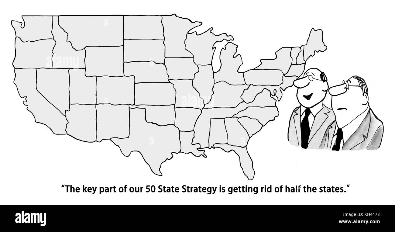 Politische Karikatur identifizieren, die ihre 50 staatliche Strategie beteiligten loswerden, die Hälfte der Staaten. Stockfoto