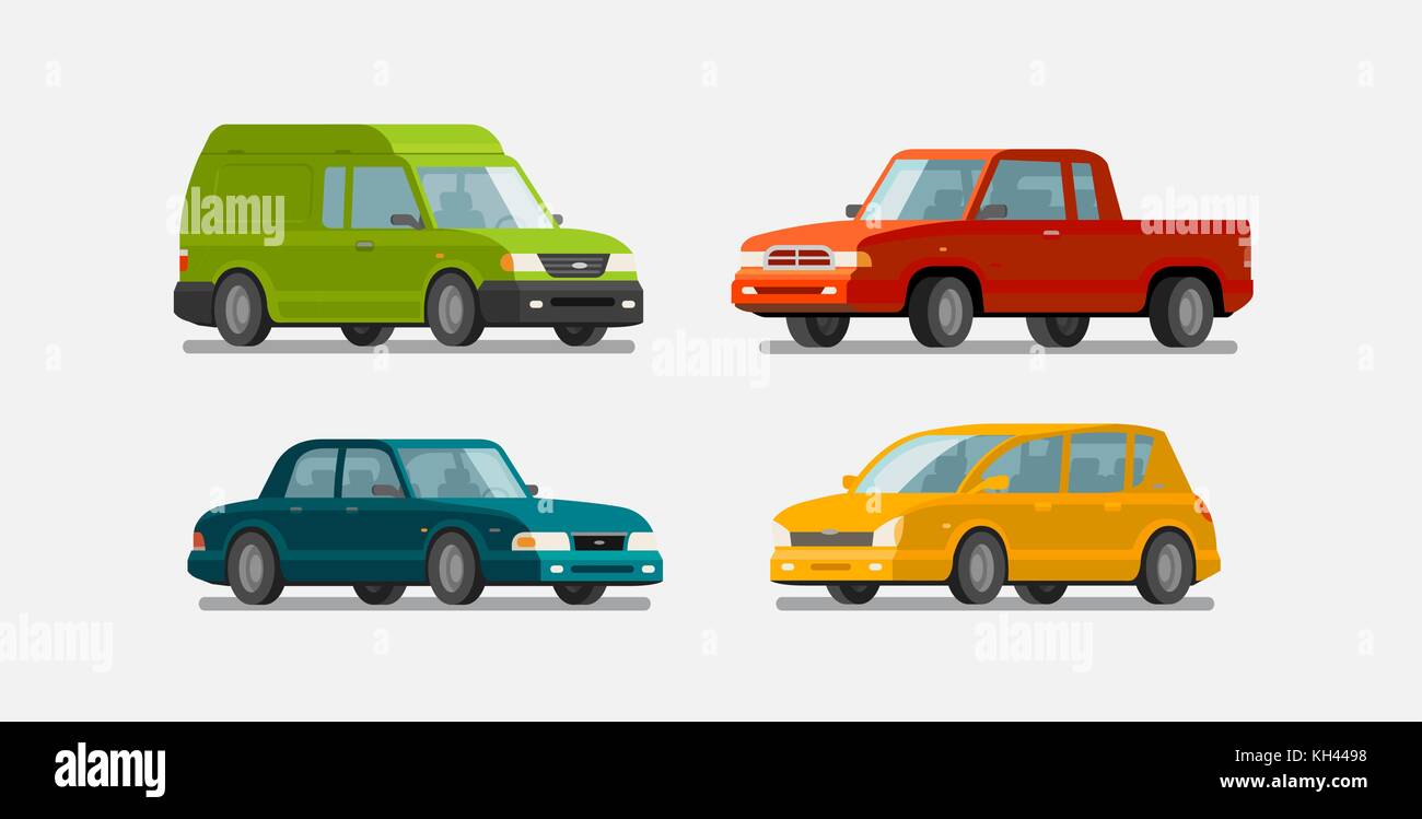Autos, Symbole Set. Transport, Transport, Fahrzeugkonzept. Vektorabbildung Stock Vektor