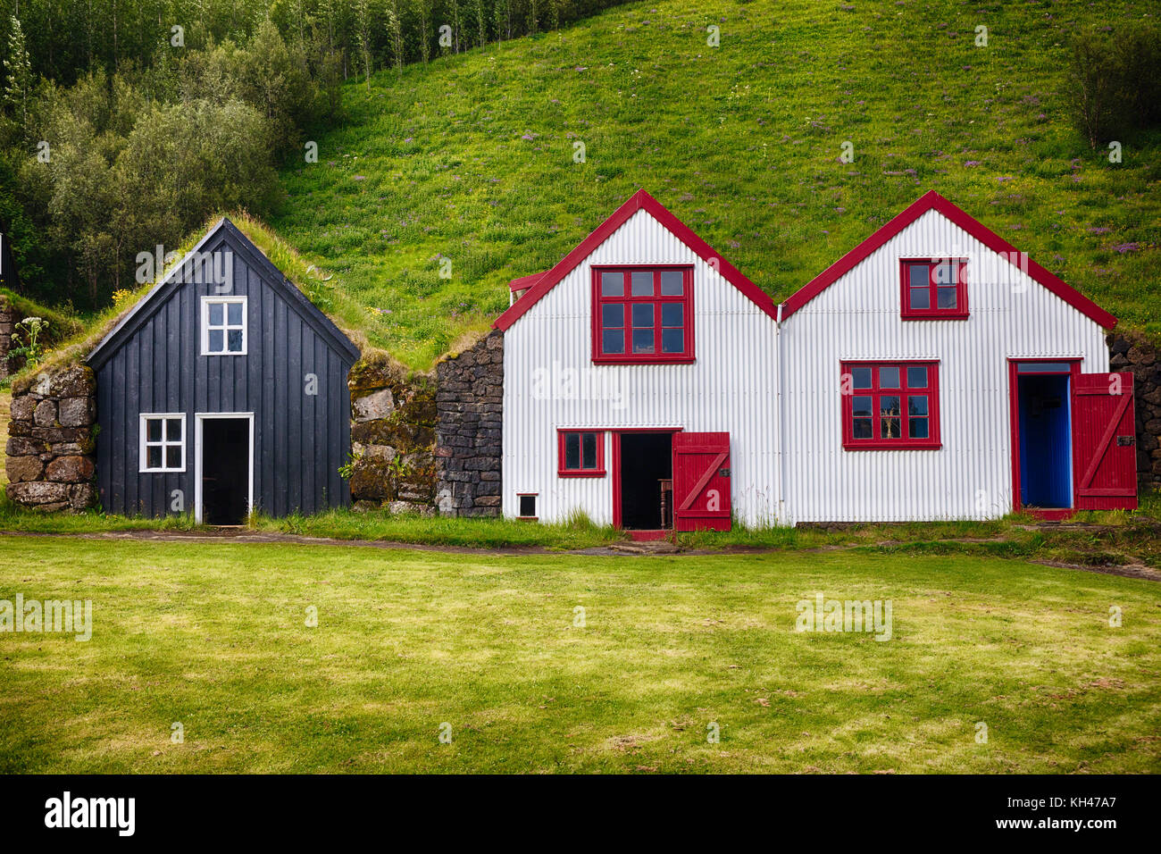 Traditionelle Isländische Farmhouses, Skoga, Südisland Stockfoto