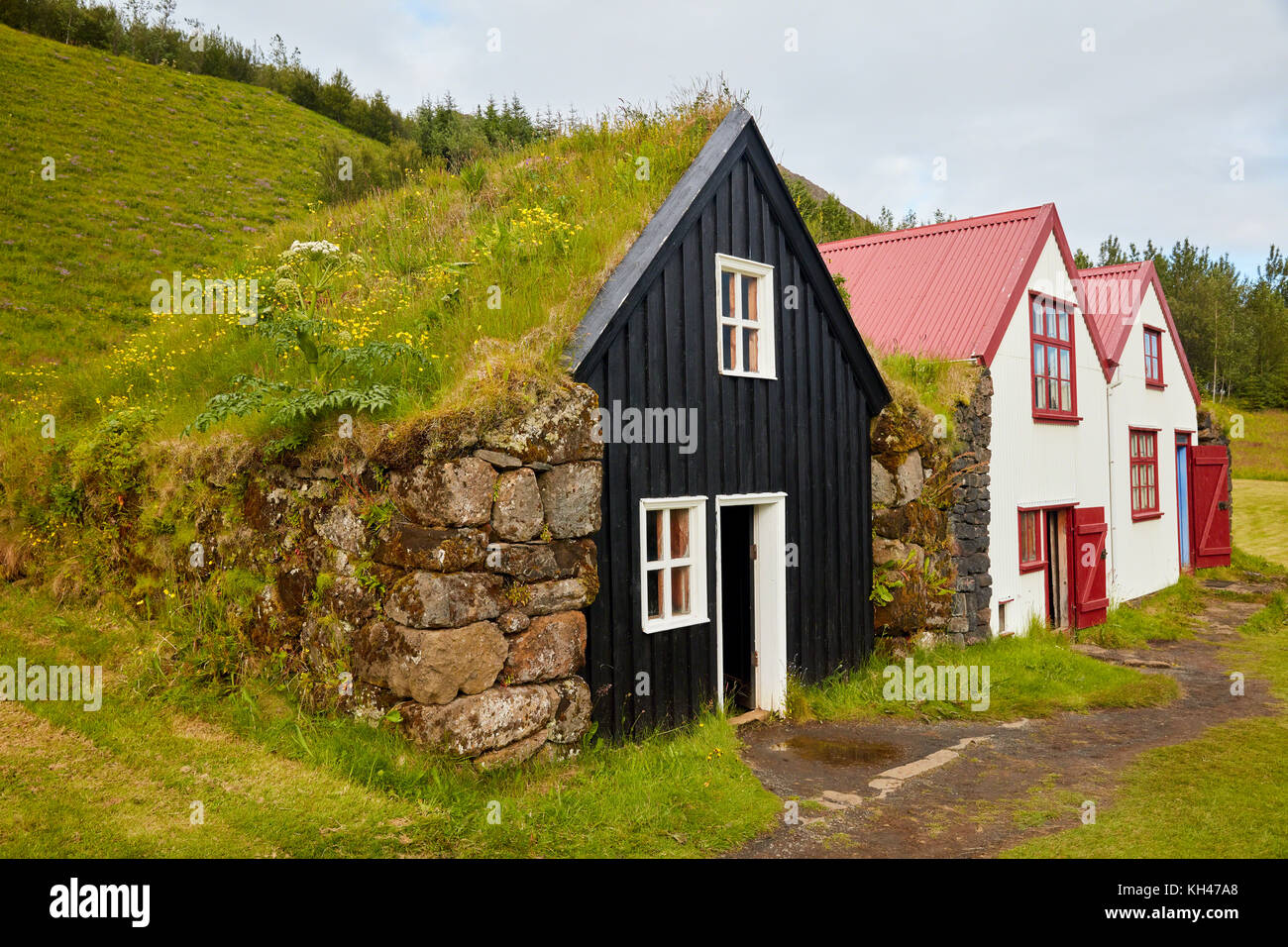 Alte Isländische Farmhouses, Skoga, Südisland Stockfoto