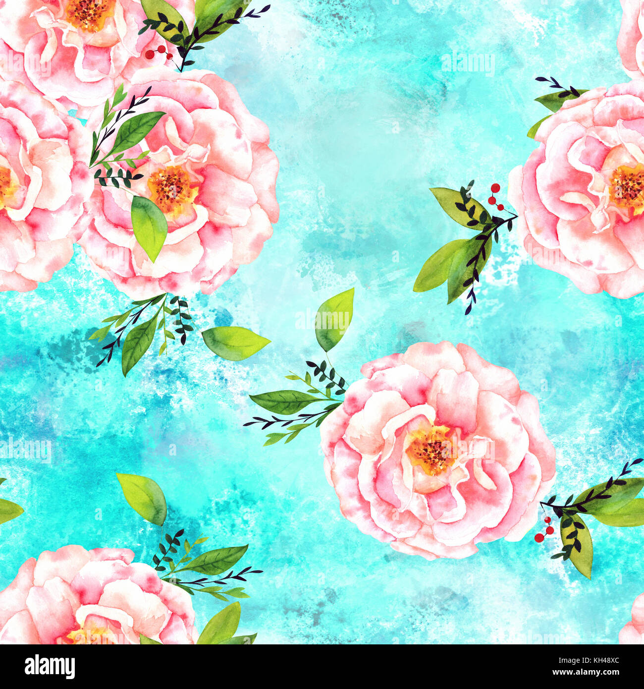 Eine nahtlose Muster mit einem Aquarell Zeichnung eines blühenden rosa Rose mit grünen Zweige und Blätter, die Hand auf eine blaugrüne Hintergrund gemalt Stockfoto